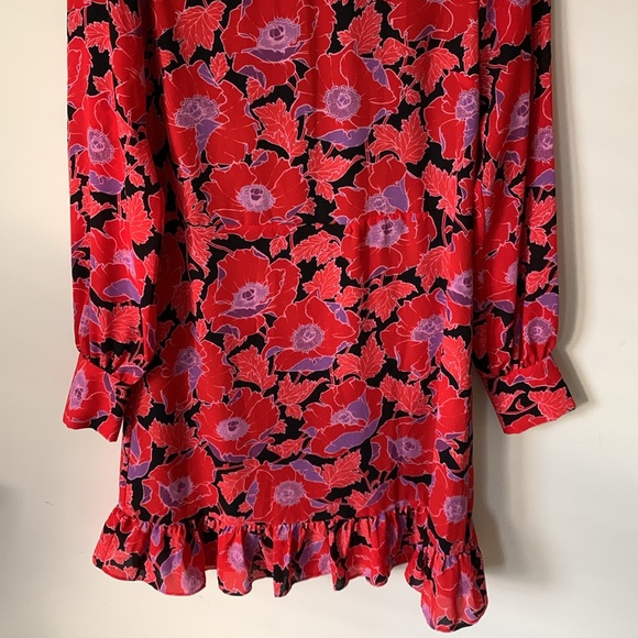 WHO WHAT WEAR purple red black floral ruffle hem dress SZ XS covered buttons - Picture 3 of 14